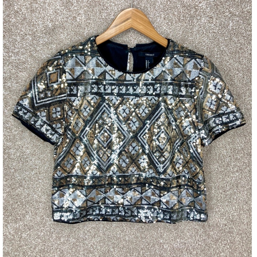 Forever 21 Geometric Sequin Crop Top Womens S Black Silver Embelished Festival
